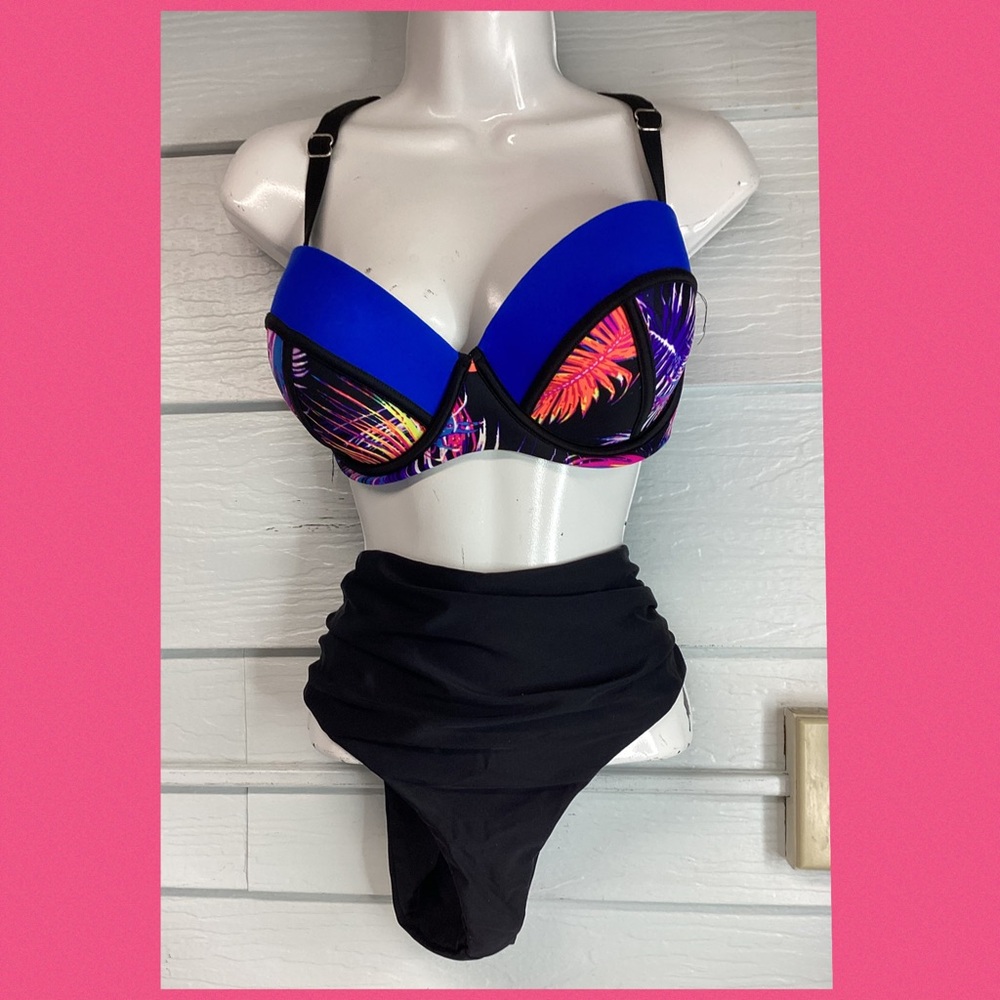 Blue Tropical Underwire Bikini Top with Black High-Waist Bottoms.46